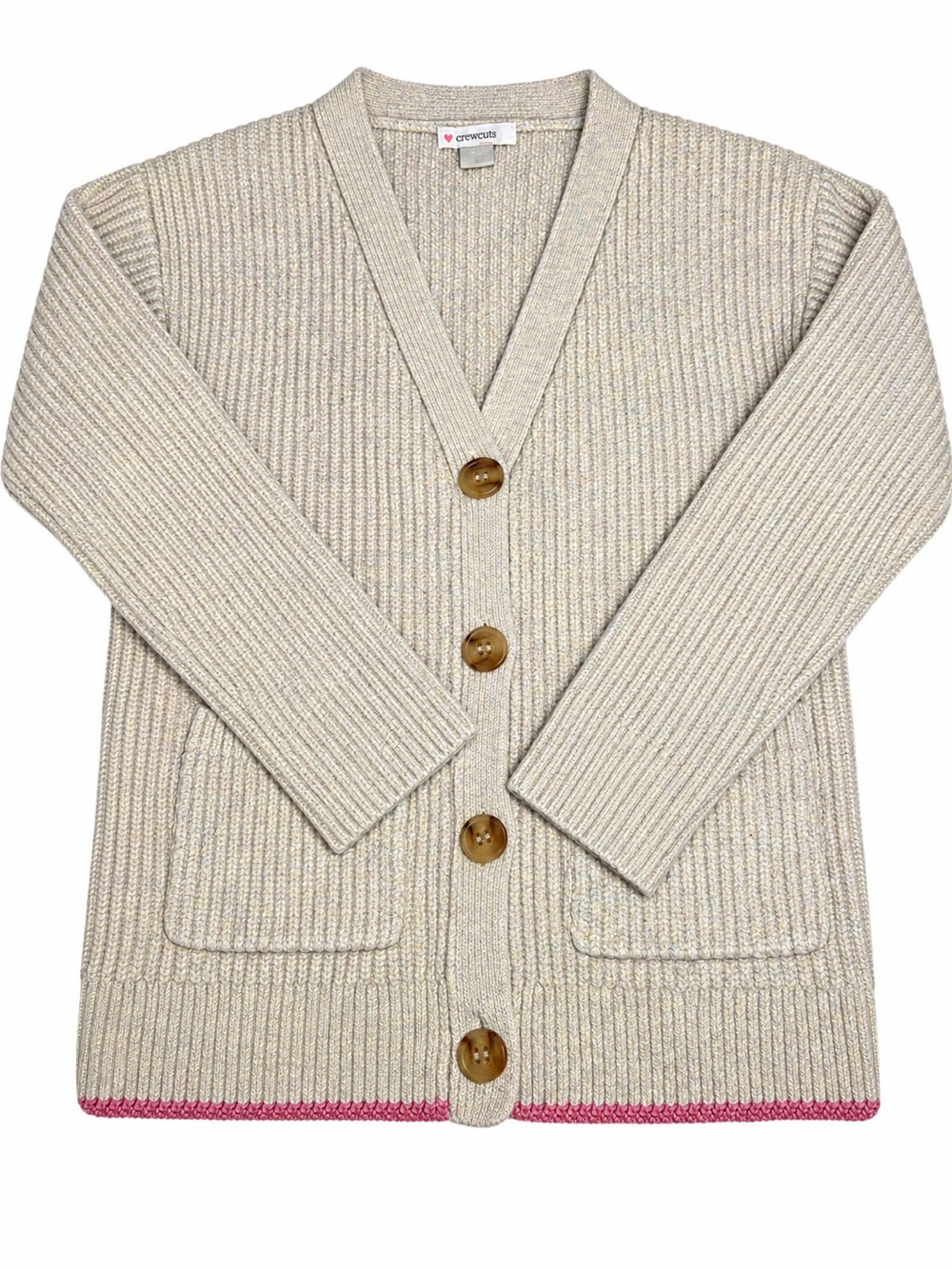 Crewcuts Cream Ribbed Cardigan with Pink Hem